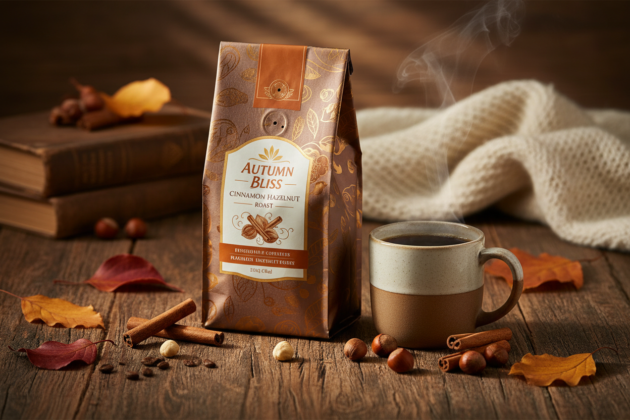 Bean Voyage Cinnamon Hazelnut Flavored Coffee bag on a rustic wooden surface with cinnamon sticks and whole hazelnuts