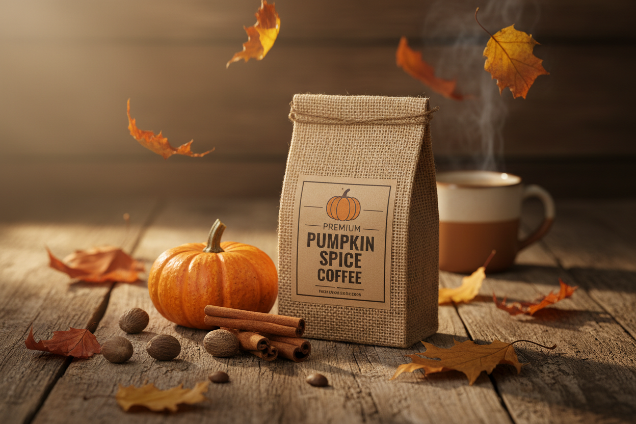 Bean Voyage Pumpkin Spice Flavored Coffee bag on a rustic wooden surface with a small pumpkin, cinnamon sticks and autumn leaves