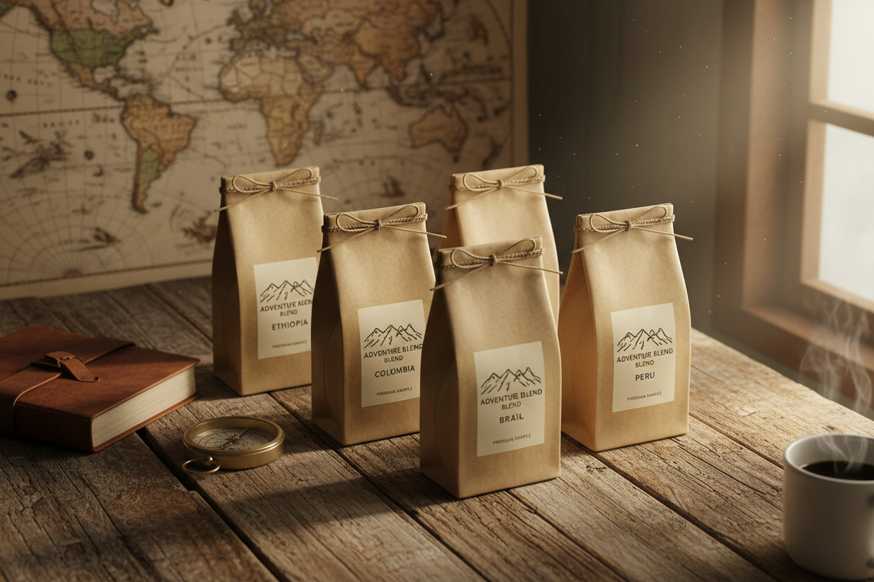Bean Voyage Best Sellers Sample Pack — 6 premium coffee varieties arranged with travel accessories on a rustic wooden surface