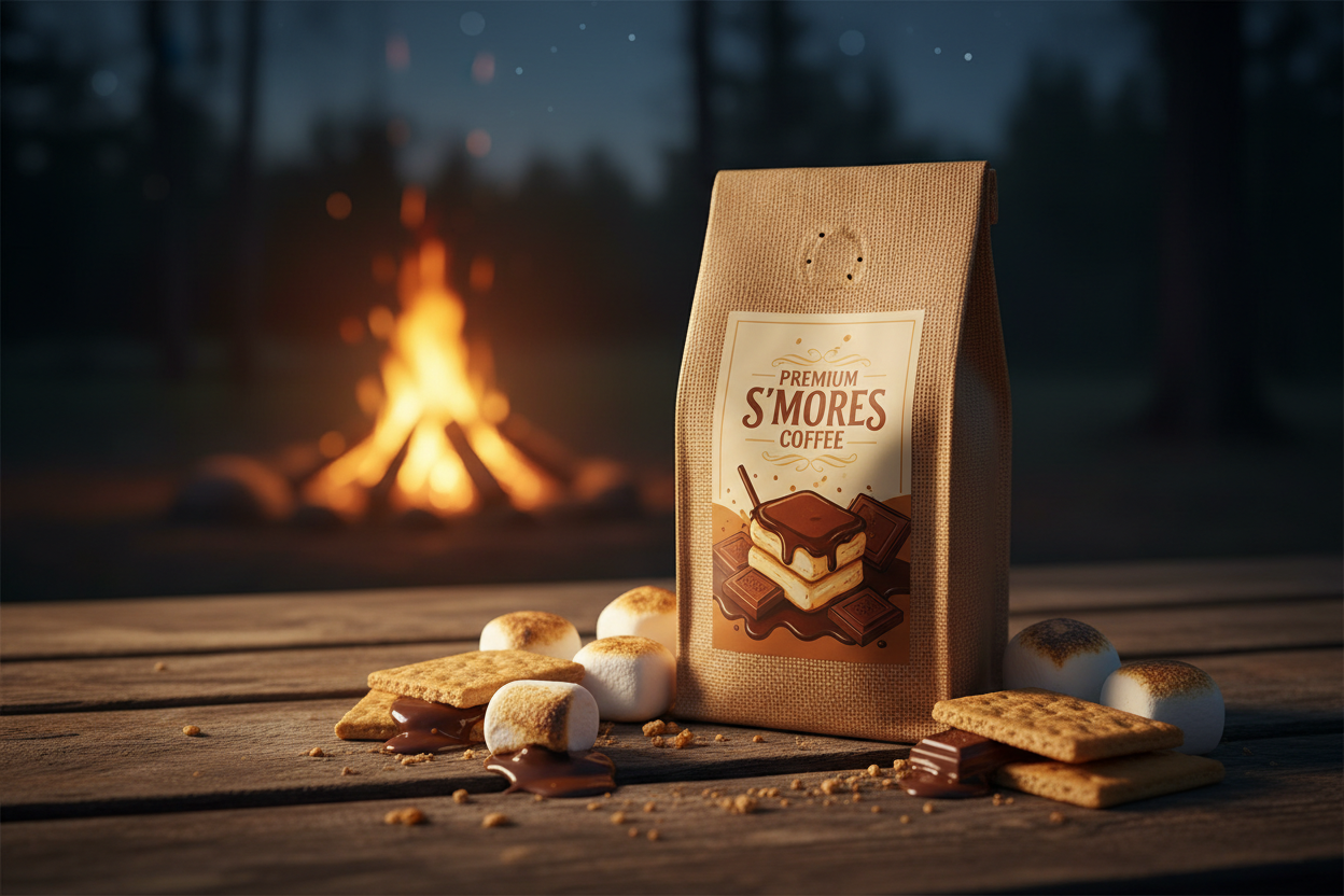 Bean Voyage S'mores Flavored Coffee bag on a rustic wooden surface with toasted marshmallows, graham crackers and melted chocolate by a campfire