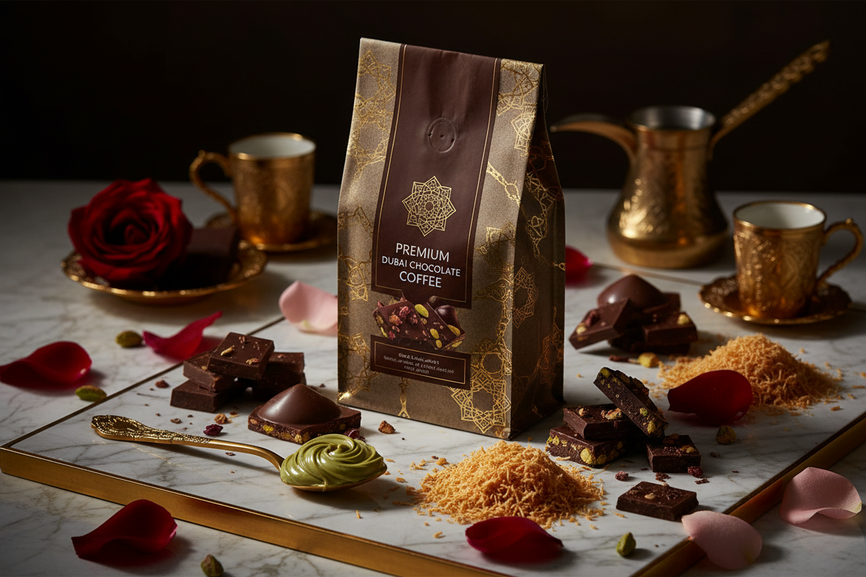Bean Voyage Dubai Chocolate Flavored Coffee bag on a gold marble surface with pistachio cream, kataifi pastry and rose petals