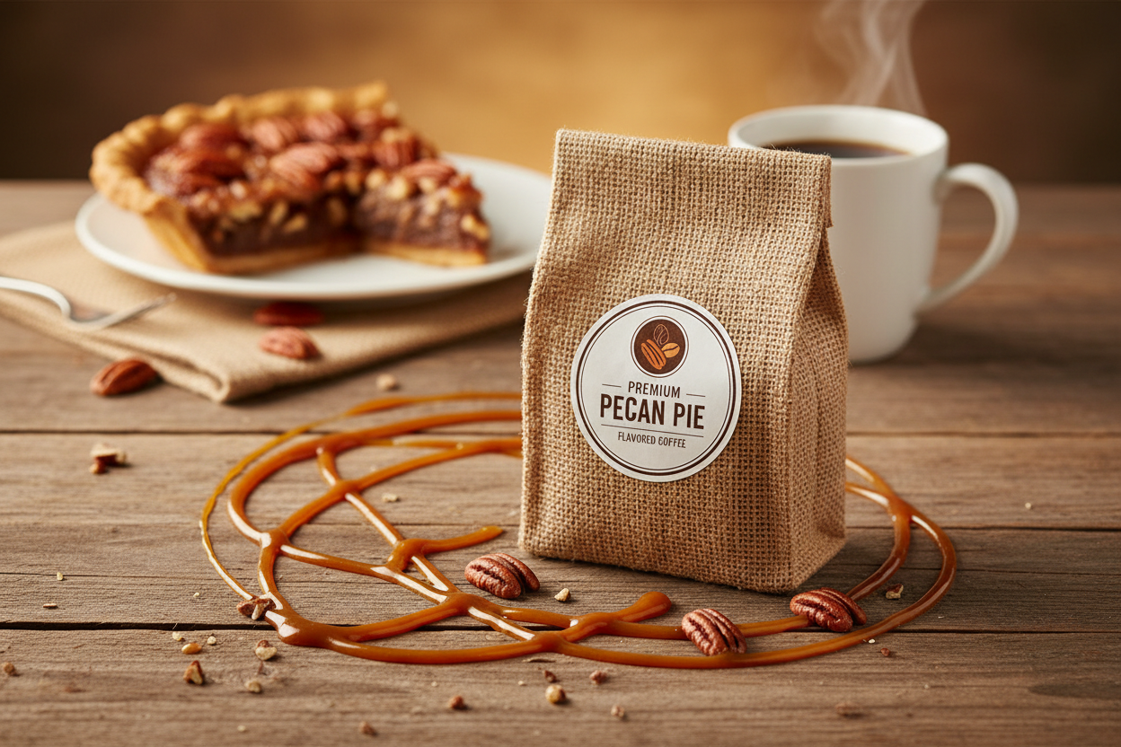 Bean Voyage Pecan Pie Flavored Coffee bag on a rustic wooden surface with whole pecans and caramel drizzle
