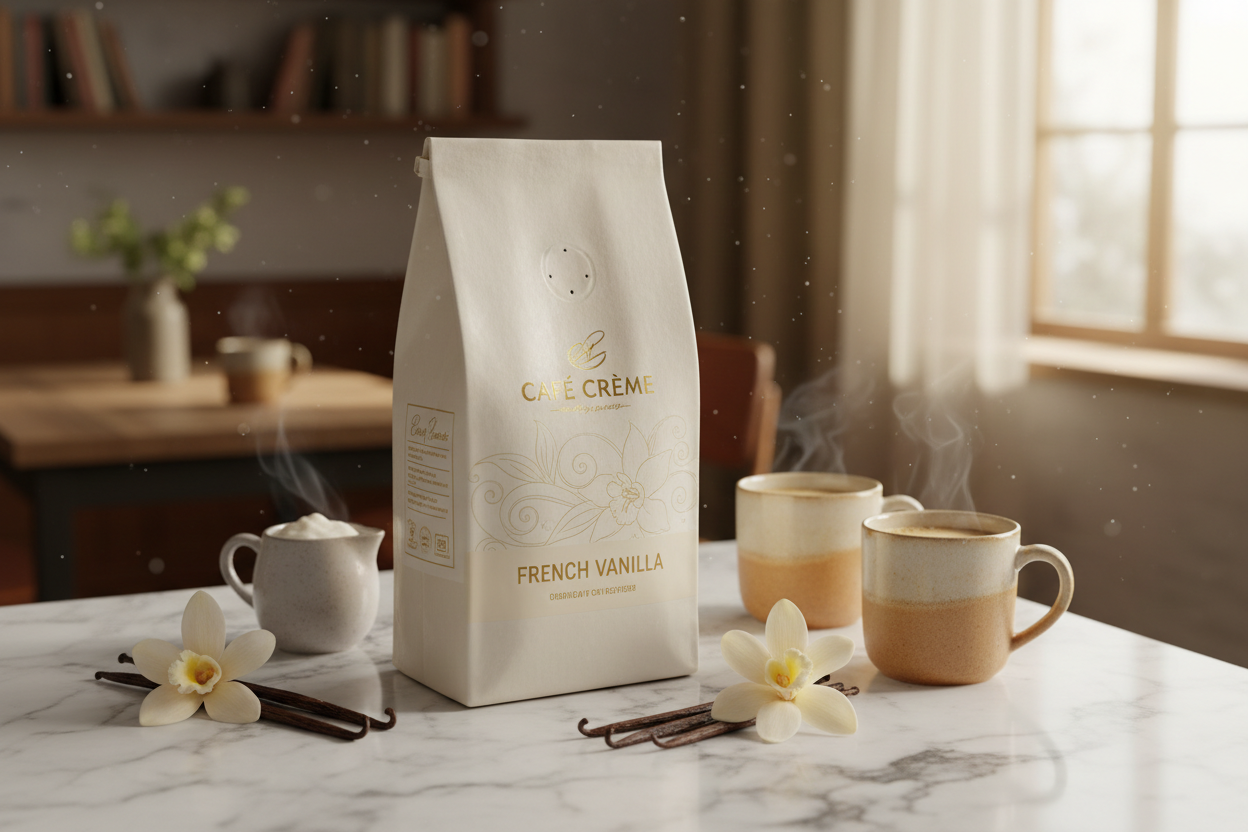 Bean Voyage French Vanilla Flavored Coffee bag on a marble surface with vanilla beans and warm cozy cafe aesthetic