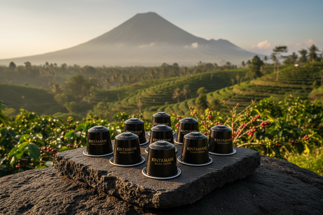 Bean Voyage Bali Coffee Pods arranged on a volcanic stone surface with lush tropical Kintamani Bali coffee farm in the background