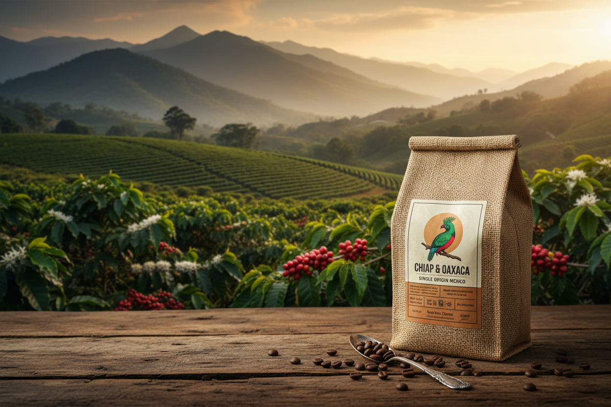Bean Voyage Mexico Single Origin Coffee bag with lush green Mexican highland coffee farm in the background