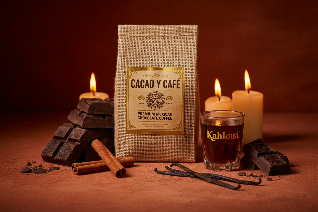 Bean Voyage Mexican Chocolate Flavored Coffee bag on a terracotta surface with dark chocolate, cinnamon sticks and vanilla pods