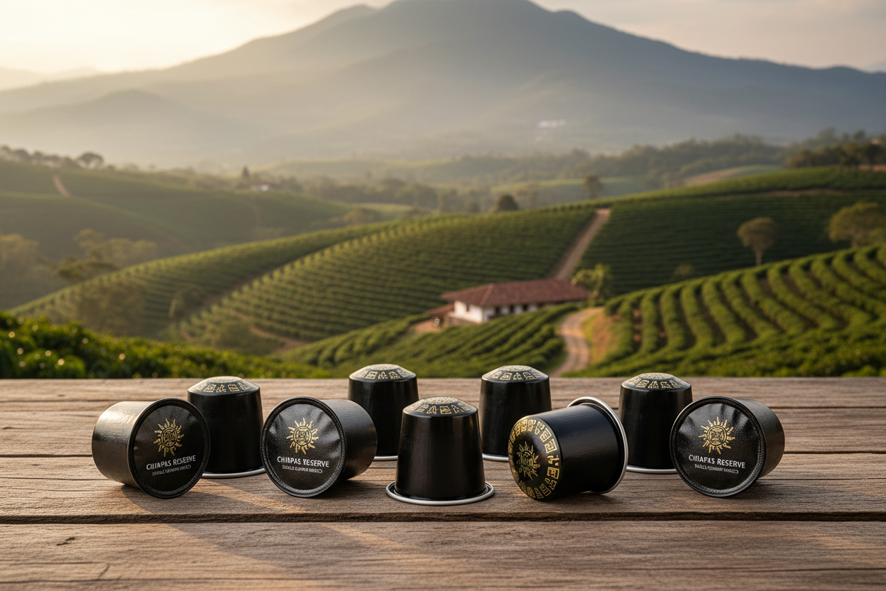 Bean Voyage Mexico Coffee Pods arranged on a rustic surface with lush green Mexican highland coffee farm in the background