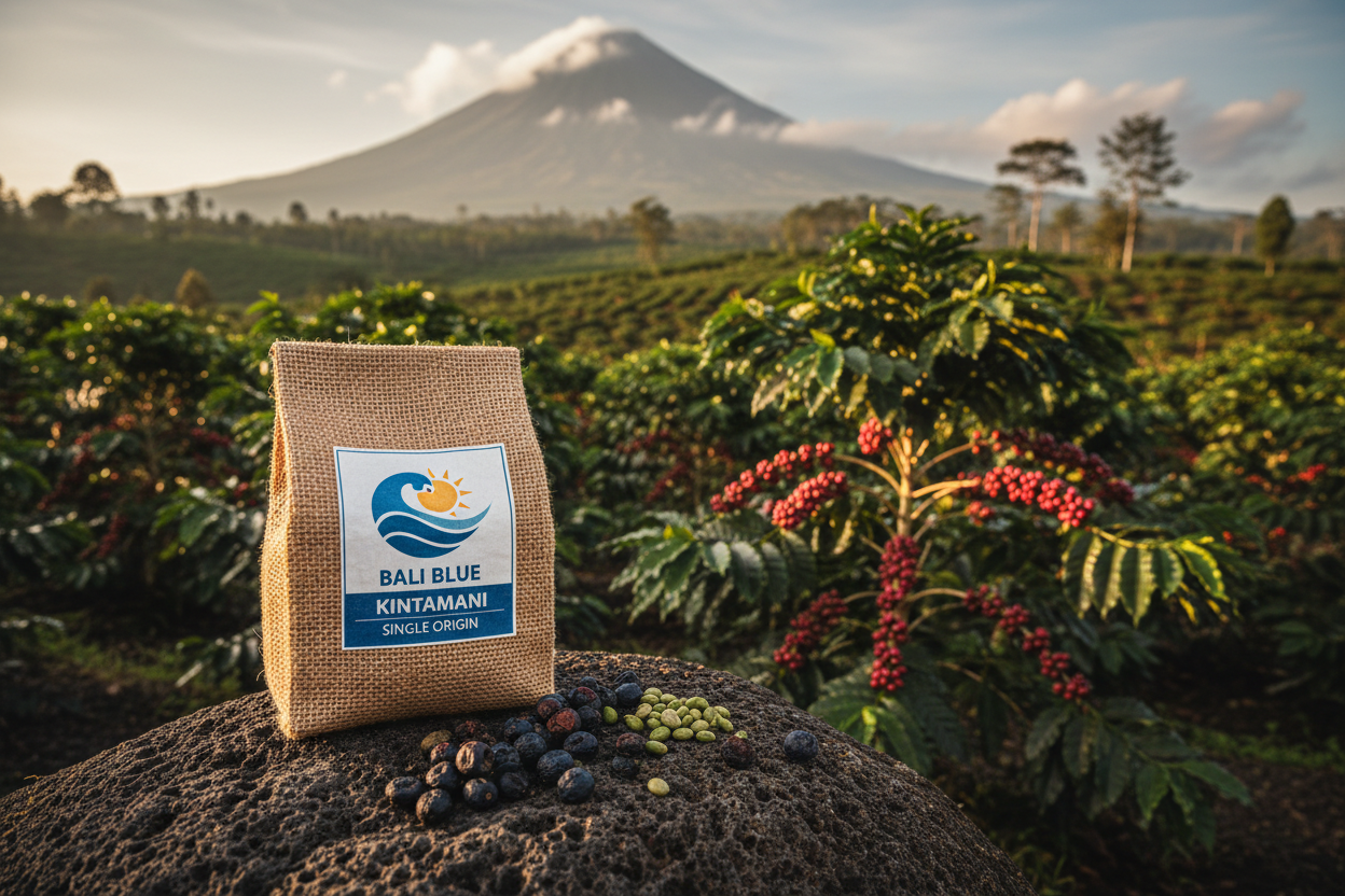 Bean Voyage Bali Blue Single Origin Coffee bag with lush tropical Kintamani Bali coffee farm and volcanic mountain landscape in the background