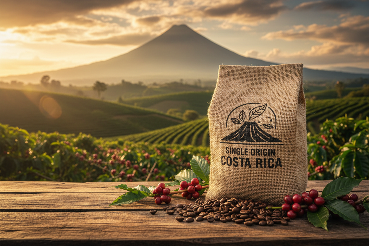 Bean Voyage Costa Rica Single Origin Coffee bag with lush green Costa Rican highland coffee farm and volcanic landscape in the background