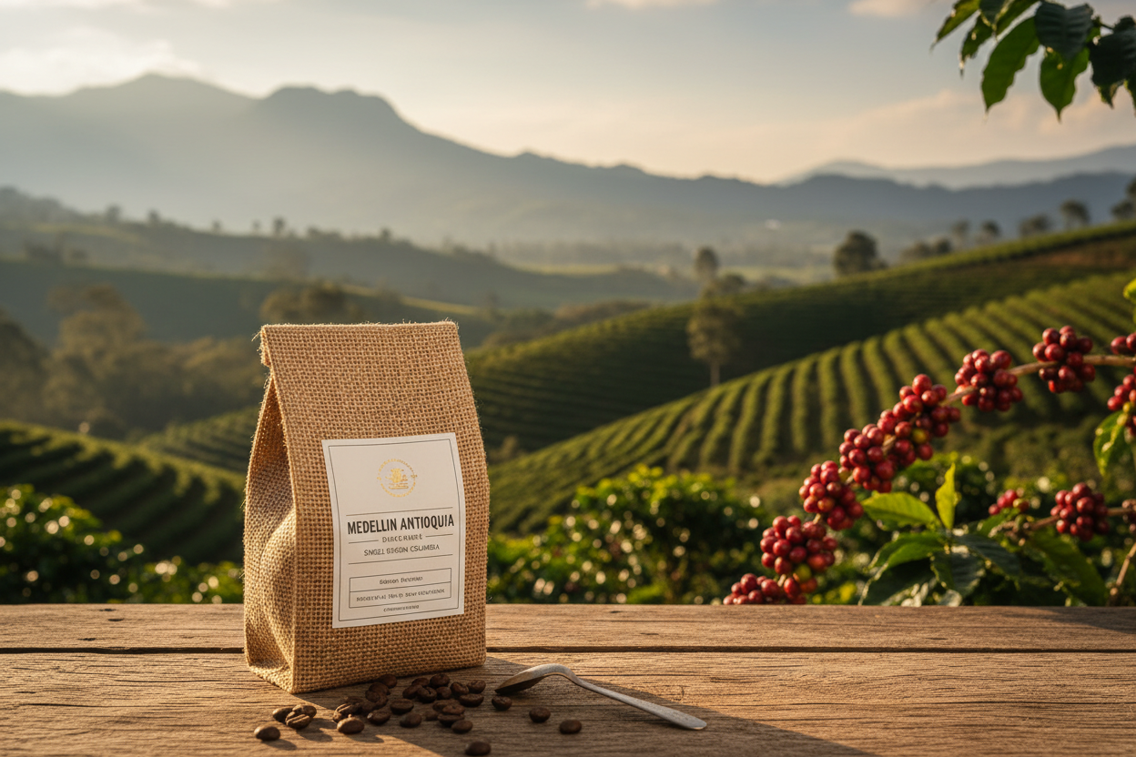 Bean Voyage Colombia Single Origin Coffee bag with lush green Colombian coffee farm in Medellín in the background