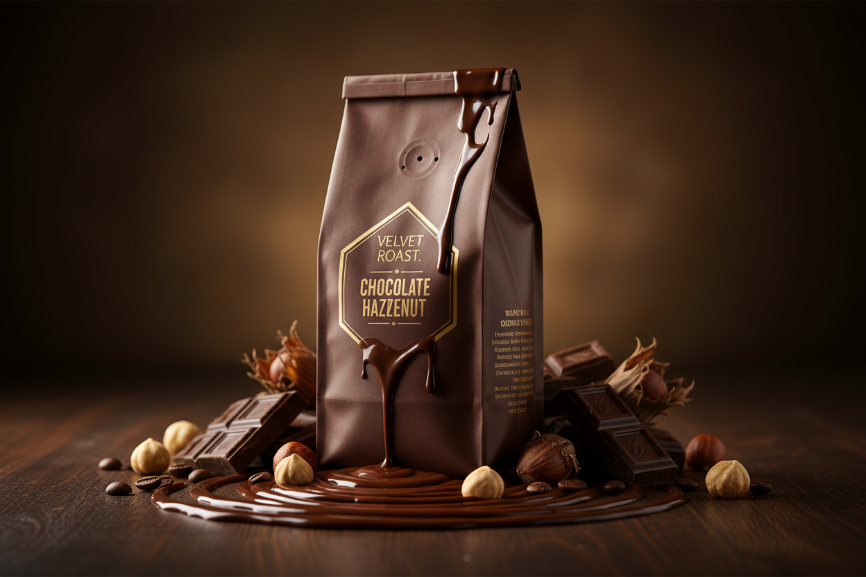 Bean Voyage Chocolate Hazelnut Flavored Coffee bag on a dark wooden surface with dark chocolate pieces and whole hazelnuts